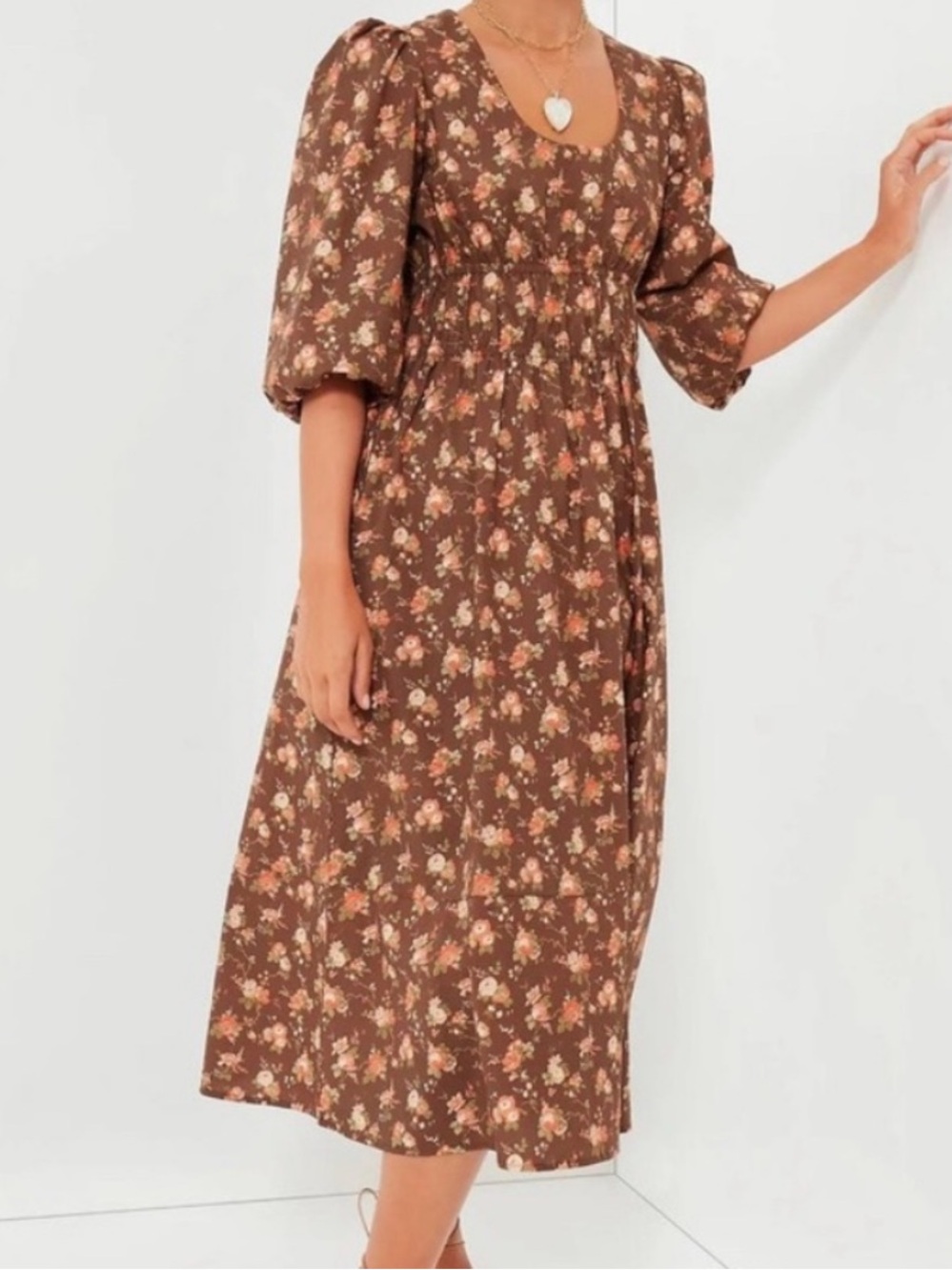 Tuckernuck Brown Rosewood Chintz Marlena Midi Dress Puff Sleeve Size XL NEW